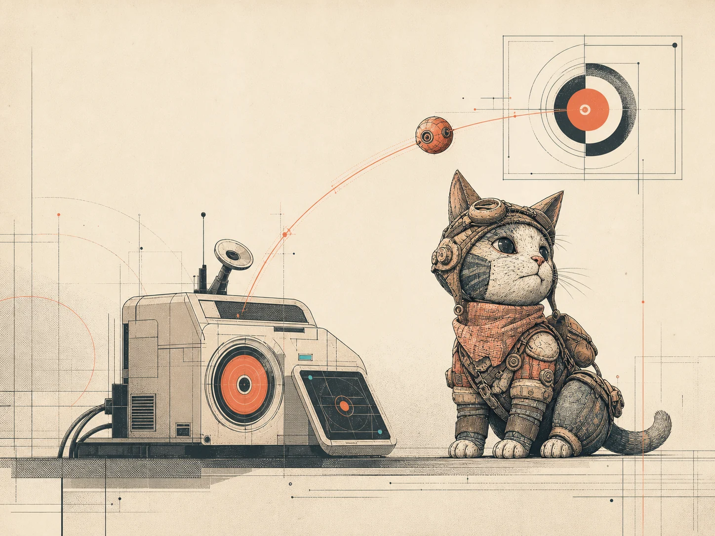 Mira, a compact cat-like field companion, monitoring a technical capture console